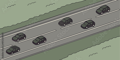 Aerial view of a serene river flowing through a lush green landscape with mountains in the distance. Vector