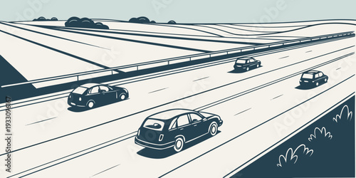 Aerial view of a bustling highway with multiple lanes of traffic. Vector