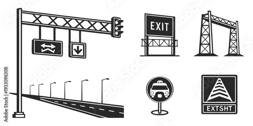Construction site with various safety and warning signs and equipment Vector