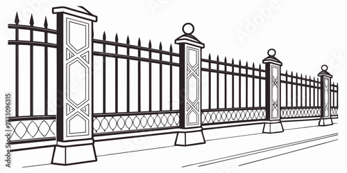 An elegant and ornate wrought iron fence with intricate design details. Vector