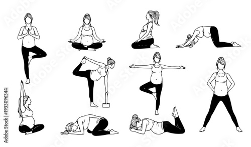 Pregnant woman yoga silhouettes motherhood physical activity vector set