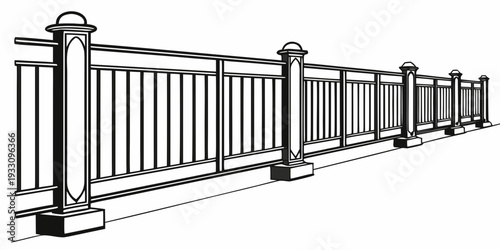 A detailed illustration of a classic metal fence with ornate posts and railings Vector