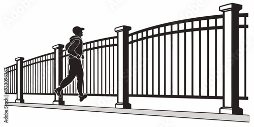 A person walking along a tall, ornate, black metal fence with pointed tips Vector