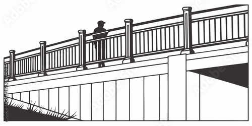 A serene bridge over a calm river with a wooden railing Vector
