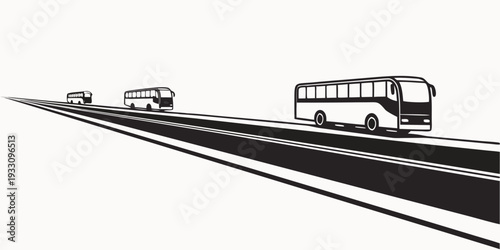 A black and white illustration of various vehicles traveling on a road. Vector