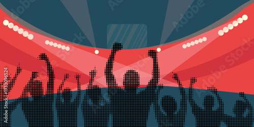Faceless crowd of cheering sports fans at stadium, dynamic silhouettes in halftone style