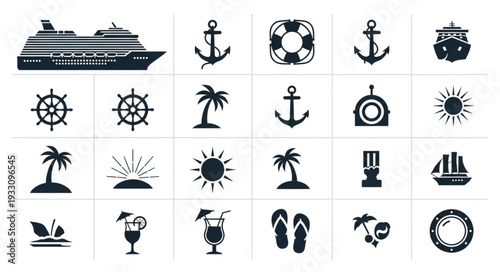 Collection of nautical and travel-themed icons representing various elements of the sea and vacation.