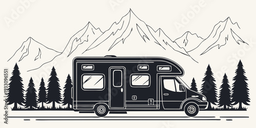 A serene mountain landscape with a cozy cabin nestled among tall pine trees Vector