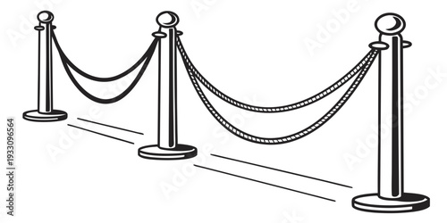 A set of three metal stanchions with retractable belts used for crowd control. Vector