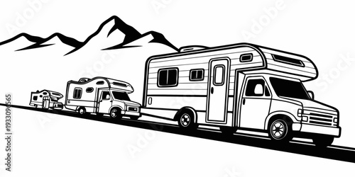 A family of three vehicles including a car, a trailer, and a motorhome driving on a road. Vector