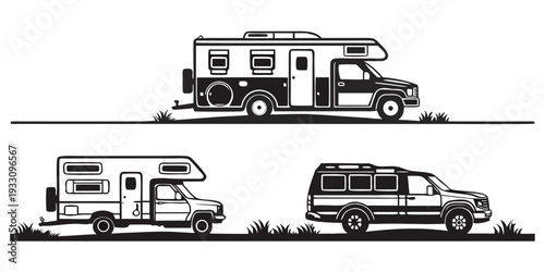 Three different types of recreational vehicles parked in a row. Vector