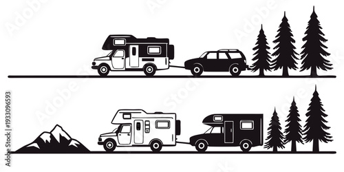 Camping vehicles and tents set up in a forested area with mountains in the background Vector