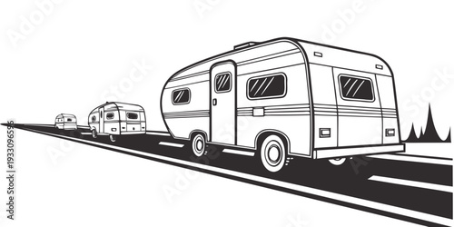 A line of vintage camper vans parked on the side of a road Vector