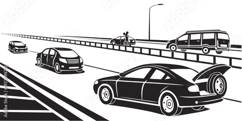 A busy intersection with cars waiting for the traffic light to change. Vector