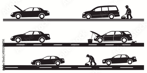A series of images depicting the evolution of car safety features over time. Vector