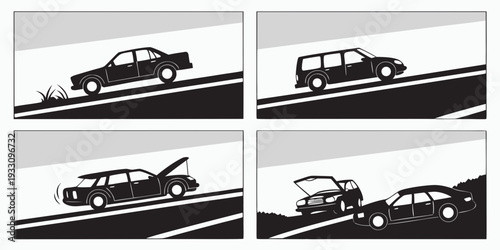 A series of images showing a car being loaded onto a ship through a ramp. Vector