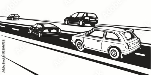 A busy highway with multiple lanes of traffic and various vehicles. Vector