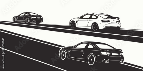 A group of cars racing on a highway with a scenic mountain backdrop. Vector