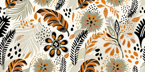 Stylized floral and feather pattern with autumnal colors and bold shapes