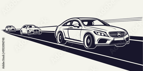 A trio of sleek, modern cars racing on a winding road, showcasing speed and precision. Vector