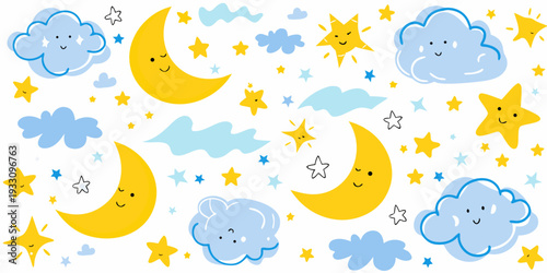 Cute cartoon illustration of moons stars and smiling clouds