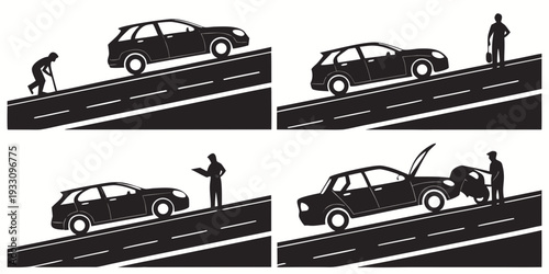 A man is attempting to push a car out of a ditch with the help of another person. Vector