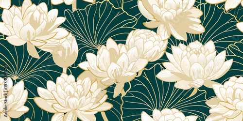 Elegant floral pattern featuring golden lotus flowers on a dark teal background