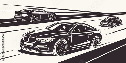 A group of luxury cars parked in a row, showcasing their sleek designs and shiny exteriors. Vector