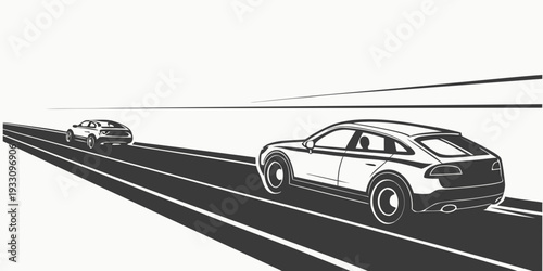 Two cars driving on a road with a bridge in the background Vector