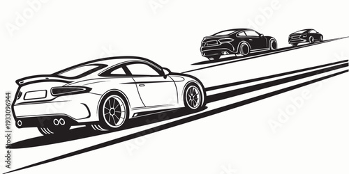 A row of cars driving down a winding road in a mountainous area. Vector