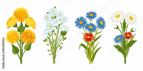 Four colorful flower bouquets arranged in a linear composition