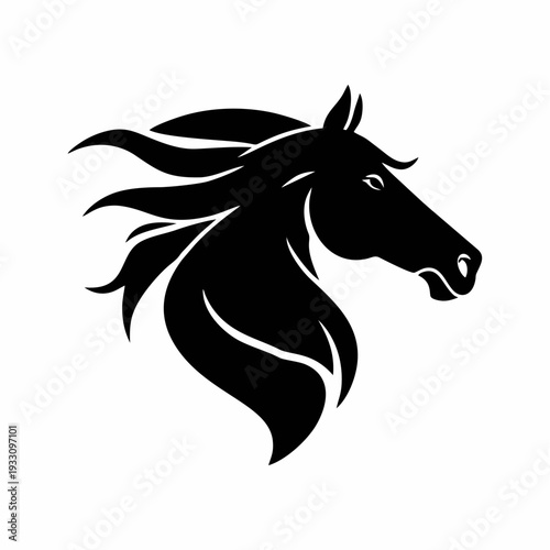 Minimalist horse head logo with flowing mane in elegant black silhouette style, modern vector animal emblem perfect for equestrian branding, sport identity, luxury logo design and premium creative pro