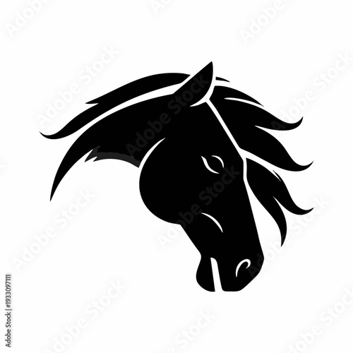 Minimalist horse head logo with flowing mane in elegant black silhouette style, modern vector animal emblem perfect for equestrian branding, sport identity, luxury logo design and premium creative pro