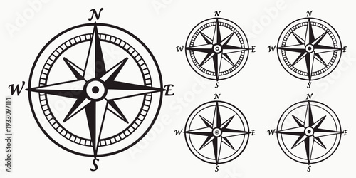 A collection of compasses with various designs and orientations displayed in a circular pattern Vector