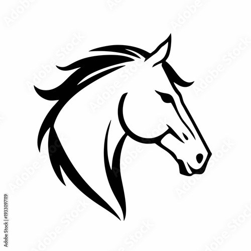 Minimalist horse head logo with flowing mane in elegant black silhouette style, modern vector animal emblem perfect for equestrian branding, sport identity, luxury logo design and premium creative pro