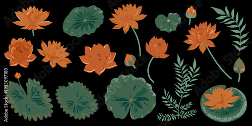A collection of stylized lotus flowers leaves and stems