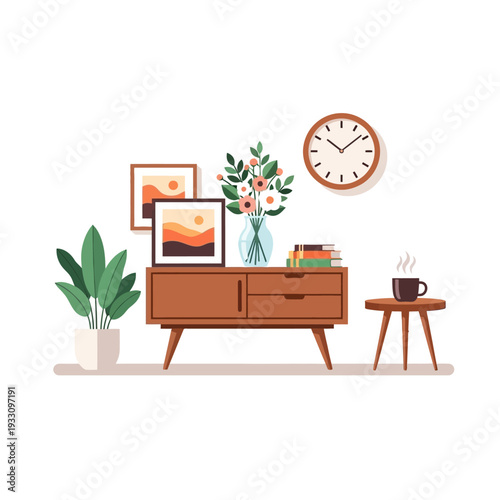 Cozy Mid-Century Modern Living Room Corner with Plant, Art, and Coffee