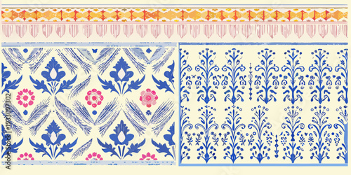Intricate blue and orange floral patterns on a decorative textile design