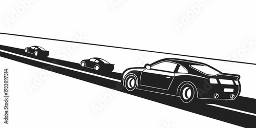 A black and white illustration of two cars on a road, one overtaking the other Vector