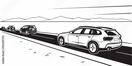 A line of cars waiting patiently at a red traffic light in a city. Vector