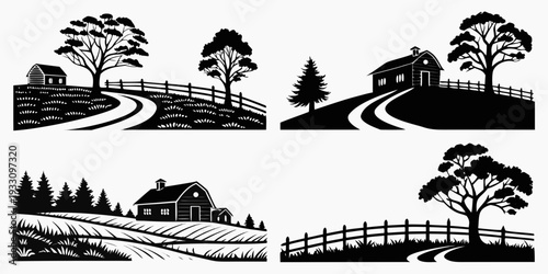 Four black and white illustrations of rural scenery with trees and a fence Vector