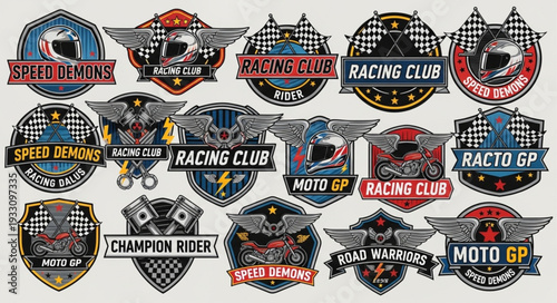 Motorcycle Racing Club Badges Collection - Vintage Designs for Speed Enthusiasts.