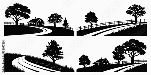 Four distinct scenes of nature and landscape art in black and white Vector