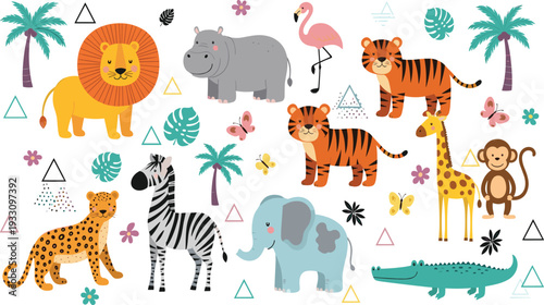 Cute safari animals collection with lion tiger elephant giraffe zebra monkey crocodile and tropical elements cartoon vector illustration set