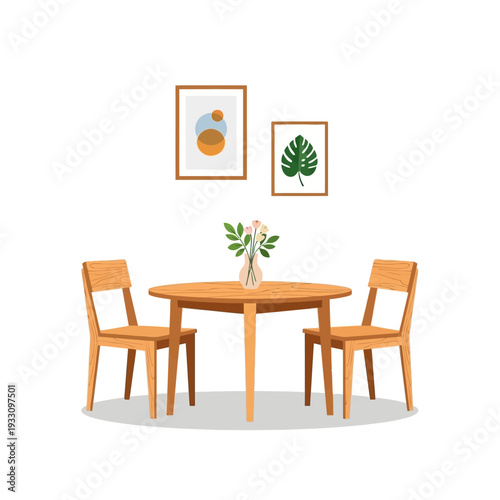 Cozy Dining Set: Round Wooden Table, Chairs, and Wall Art