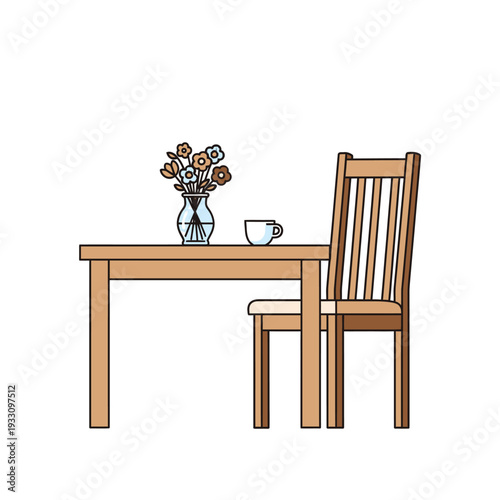 Cozy dining set with flowers and coffee cup on a wooden table and chair
