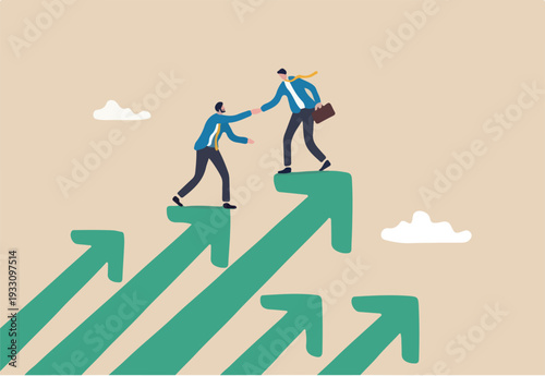 Business mentor, coaching or consult to help success, leadership or support to grow business or career, advice and trust to help improve, businessman mentor help coworker to climb growth arrow chart