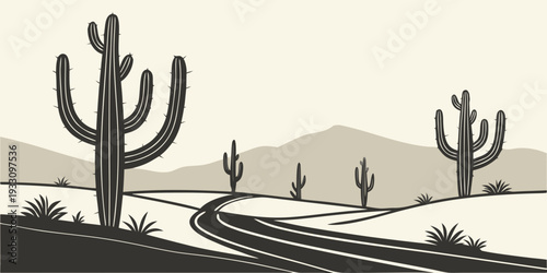 A serene desert landscape with winding roads and tall cacti under a clear sky Vector
