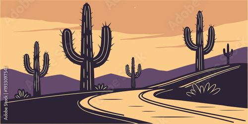 A serene desert landscape with tall cacti under a warm sunset sky Vector