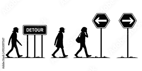 Pedestrians navigating around a detour sign and road signs in a black and white illustration Vector